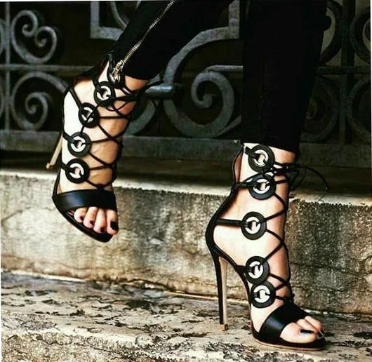 FZ Women's Cross Straps Metal Circle Lace Up Stiletto Open Toe Shoes