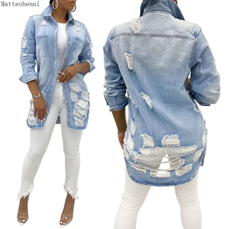 FZ Women's Sexy Ripped Oversized Denim Jacket - FZwear