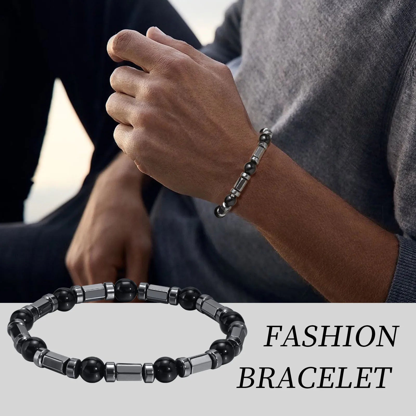 FZ Hematite Beads Chain 8MM Black Elastic Bracelet - FZwear