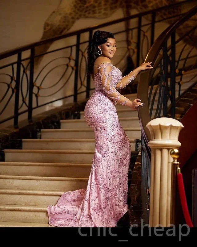 FZ Women's Mermaid Long Sleeves Lace Beaded Evening Dress