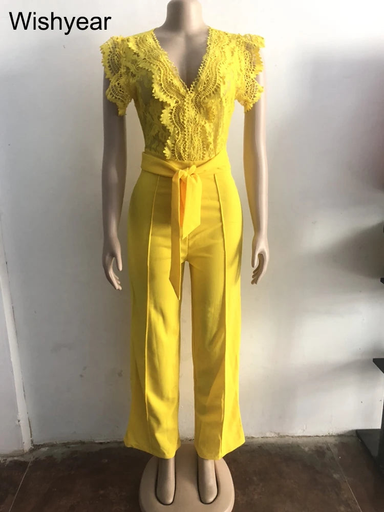 FZ Women's Sleeveless High Waist Wide Leg Lace Patchwork V-Neck Jumpsuit