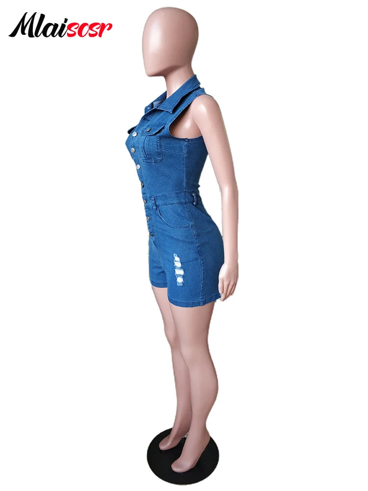 FZ Women's One Pieces Turn Down Collar Single Breasted Shorts Denim Jumpsuits