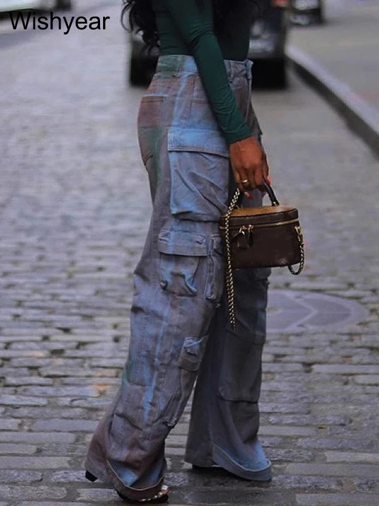 FZ Women's Vintage Wide Leg Inkjet Cargo Streetwear Straight High Waist Denim Pants
