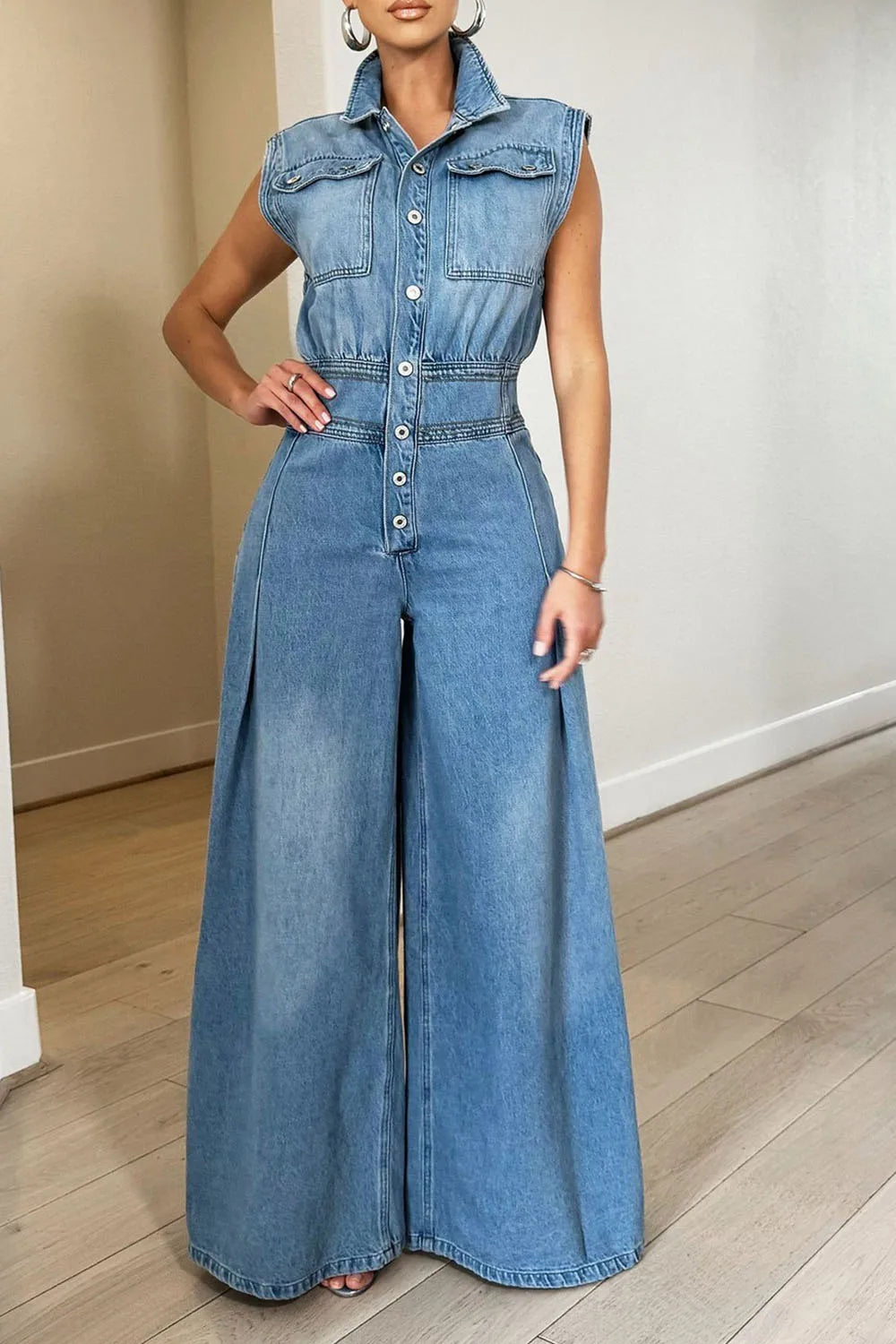 FZ Women's Plus Size Turn Down Collar Wide Leg High Waist Streetwear Denim Jumpsuit - FZwear