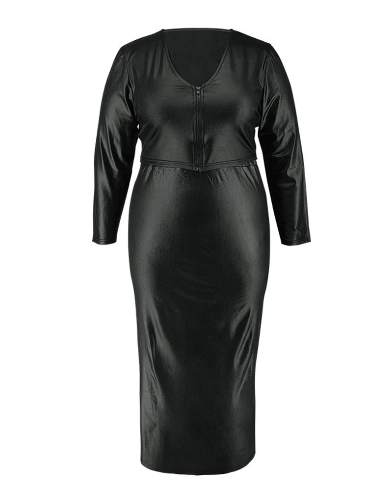 FZ Women's Plus Size Pu Black Leather Two Piece Long Skirt Suit