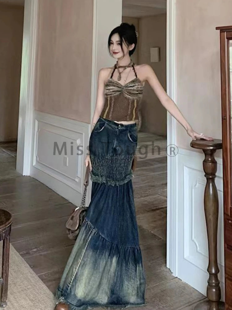 FZ Women's Patchwork Fishtail High Waist Retro Vintage Denim Skirt DSers