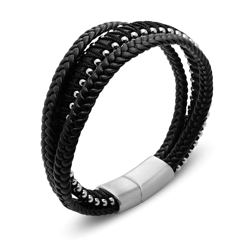 FZ Multi-layer Leather Handmade Stainless Steel Button Bracelet - FZwear