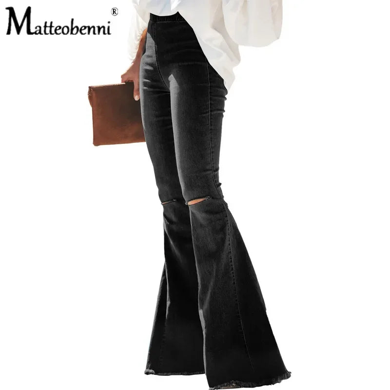 FZ Women's High Waisted Flared Ripped Knee Skinny Wide-Leg Denim Pants - FZwear