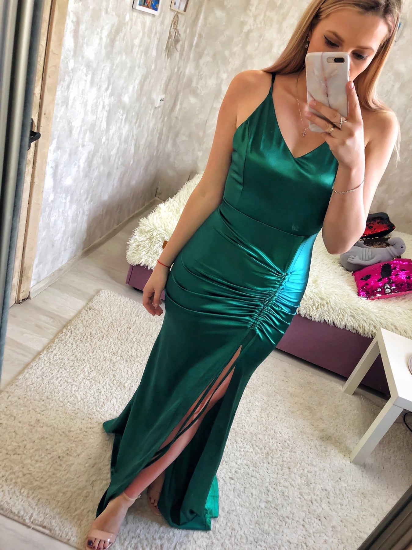 FZ Women's V Neck Sleeveless Long Split Mermaid Satin Evening Dress