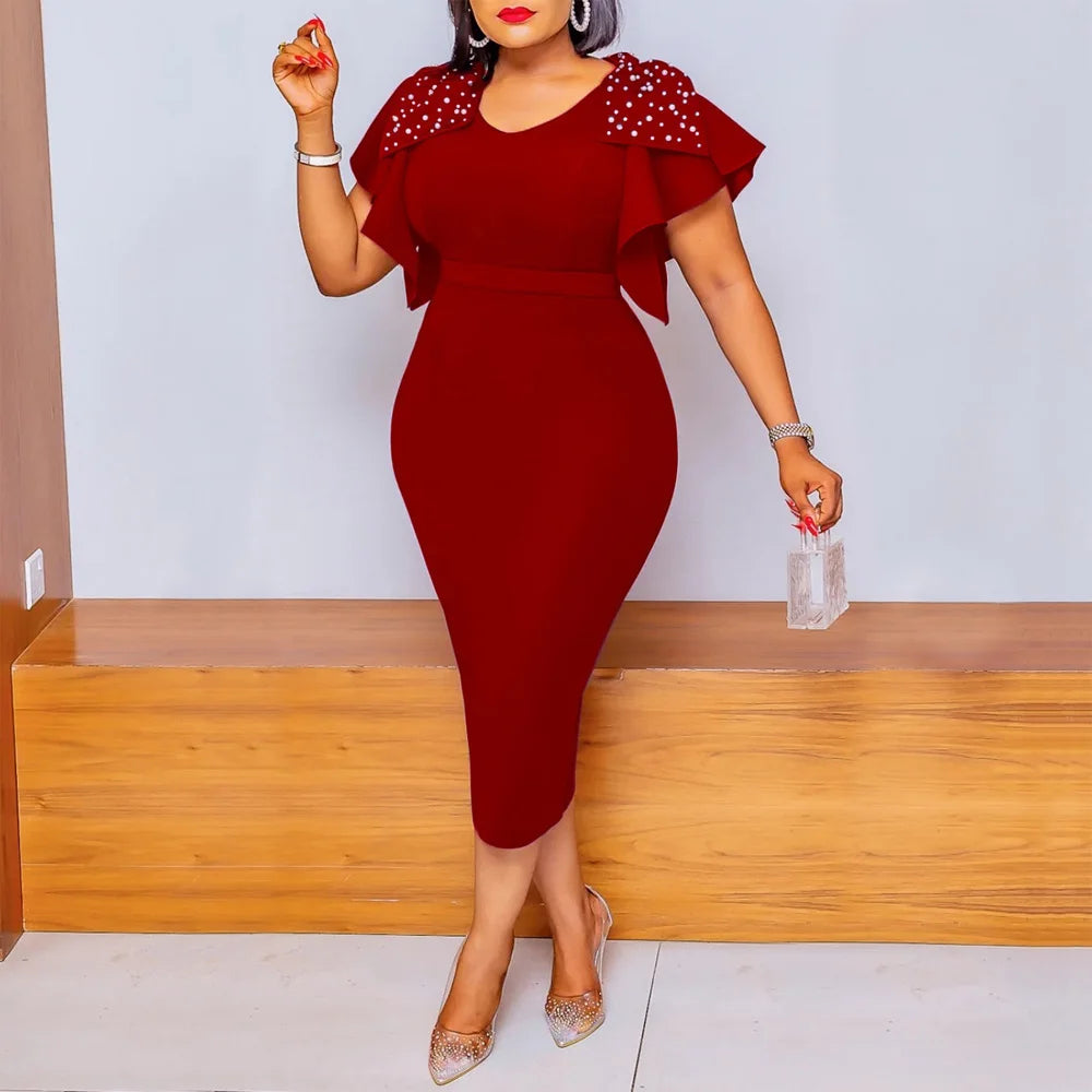 FZ Women's V Neck Ruffles Sleeve Beaded Sheath Mid Calf Back Split Church Dress