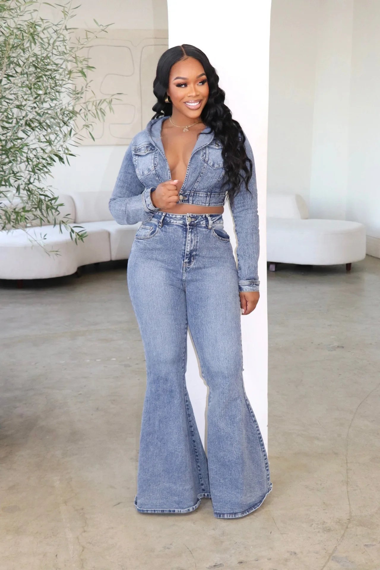 FZ Women's Hoodie Hight Waist Flare Two Piece Denim Pants Suit - FZwear