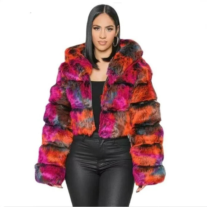 FZ Women's Faux Fur Thick Warm Hooded Open Stitch Short Coat Jacket