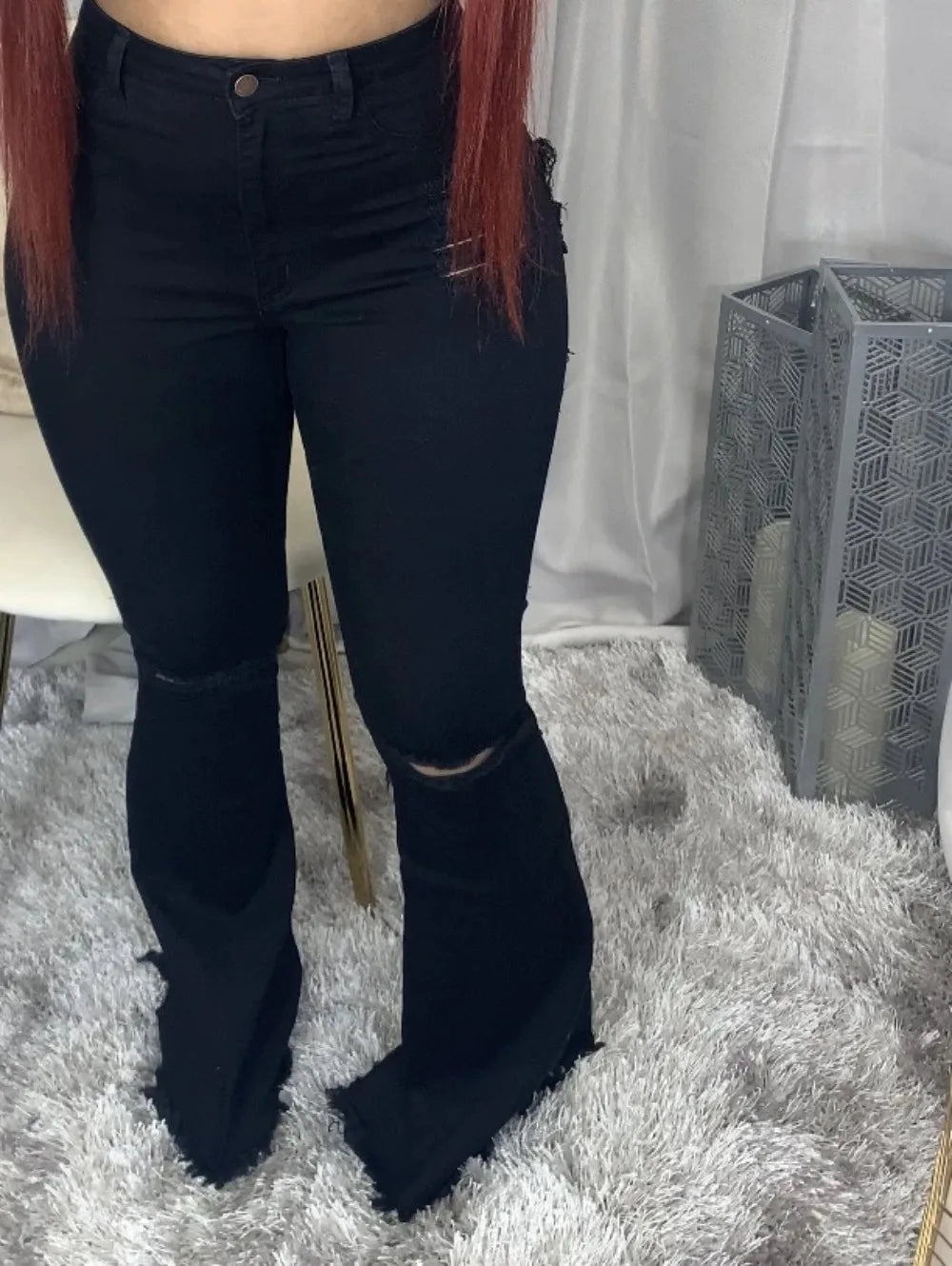 FZ Women's Hole Hollow Out Flared High Waisted Button Skinny Denim Pants - FZwear