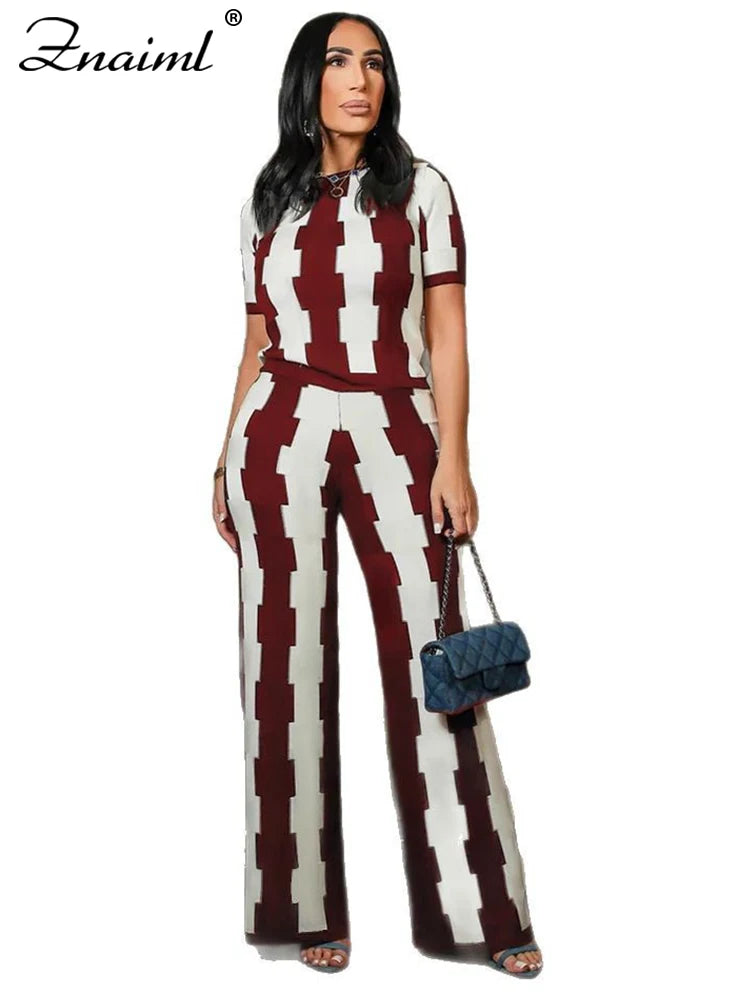 FZ Women's Striped Print Short Sleeve Wide Leg 2 Piece Pants Suit