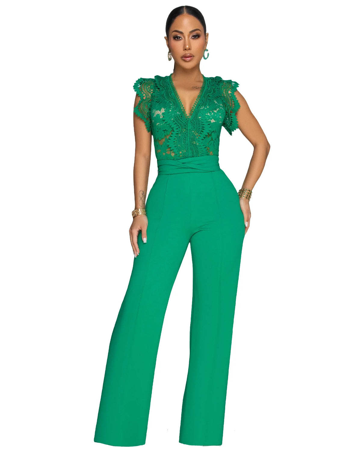 FZ Women's Lace See Though Patchwork Short Sleeve V-neck Jumpsuit