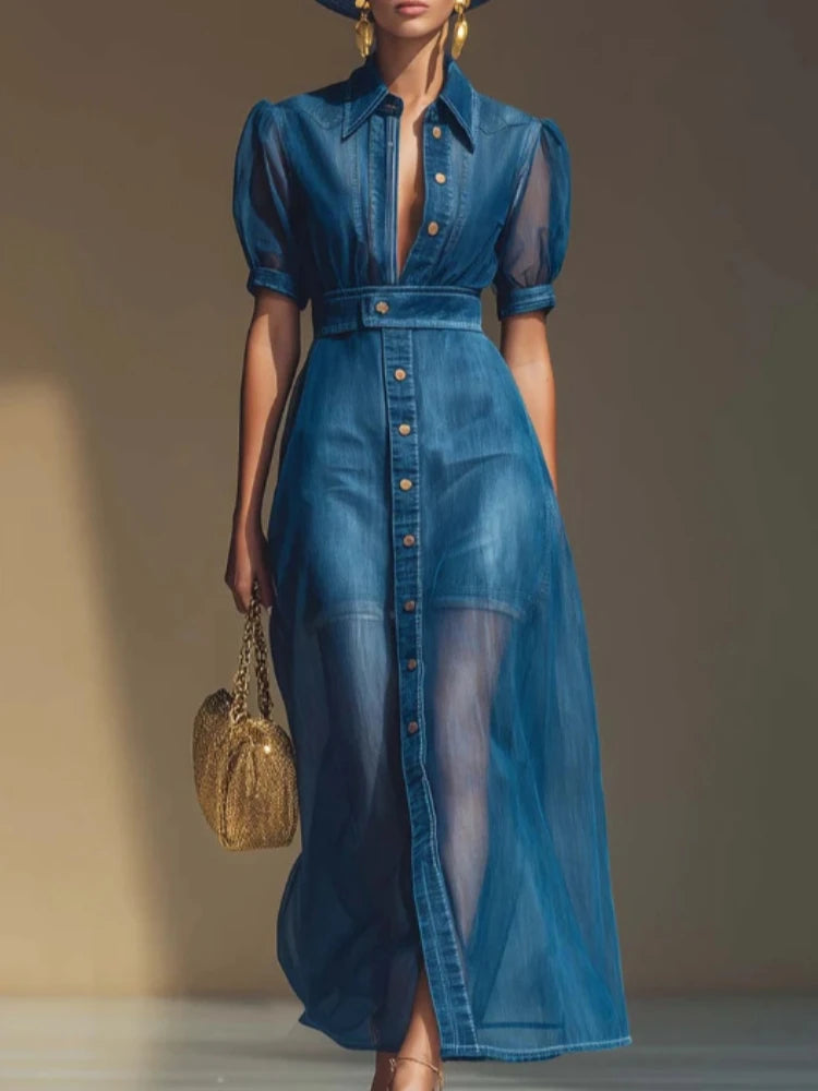 FZ Women's Sheer Mesh Short Sleeve Turn Down Collar Maxi Denim Dress