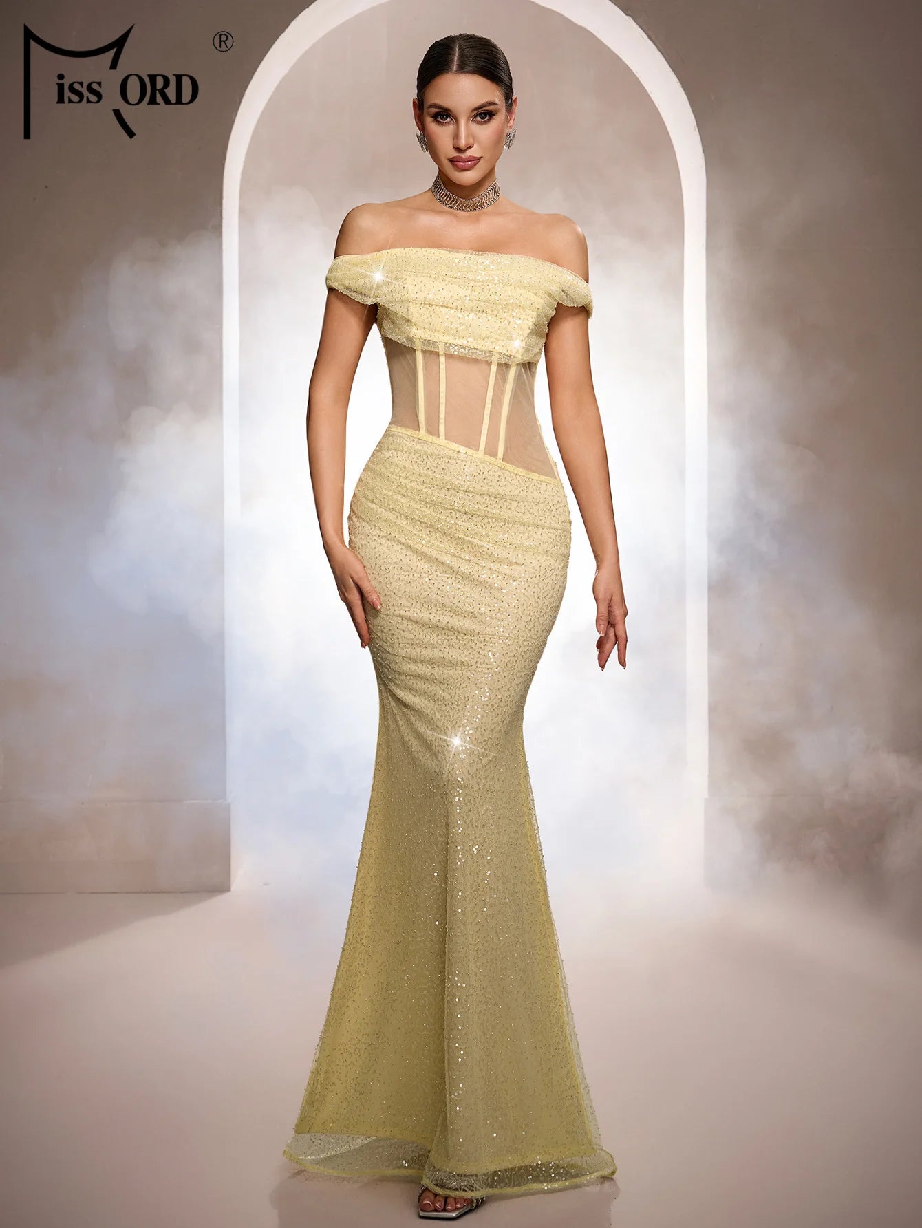 FZ Women's Shoulder-less Mermaid Maxi Evening Dress