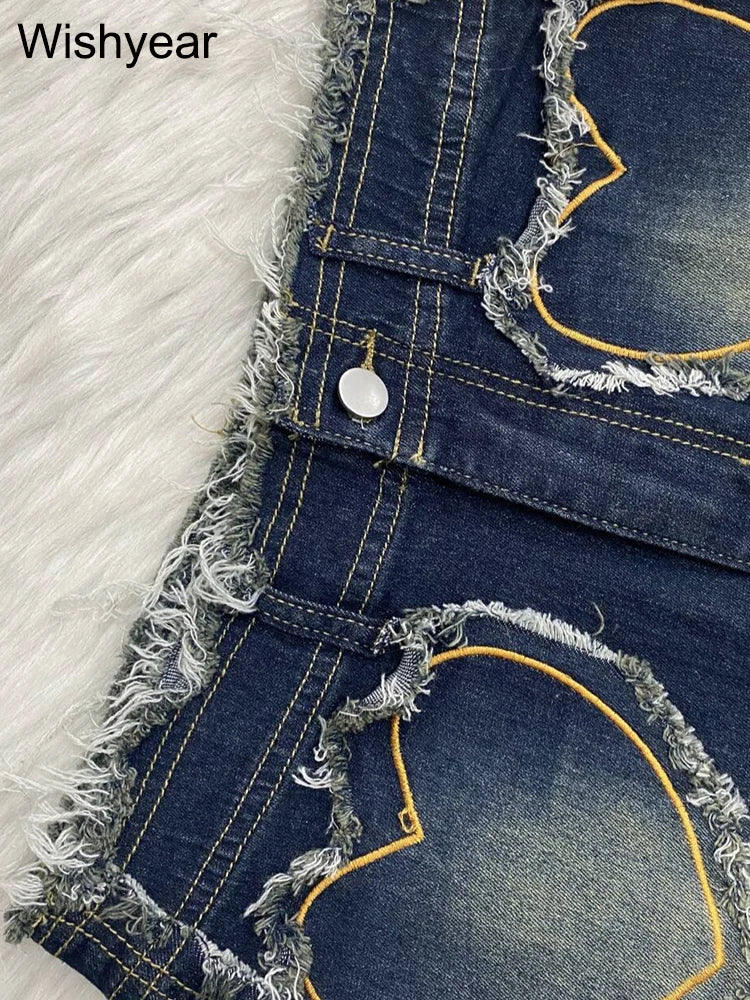 FZ Women's Heart Print Embroidery Ripped High Waist Mini Denim Skirt