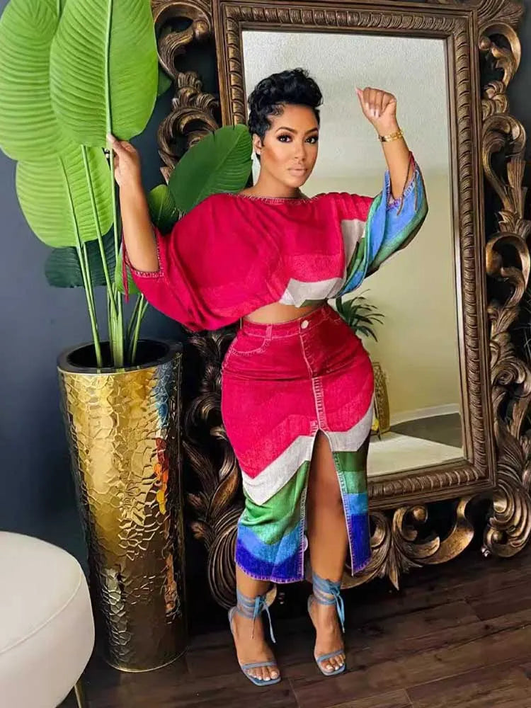 FZ Women's Streetwear Open Split 2 Piece Denim Print Skirt Suit