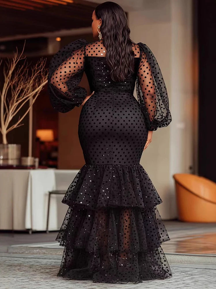 FZ Women's Plus Size Polka Dots Crew Neck Mesh Sheer Tiered Ruffle Hem Evening Dress