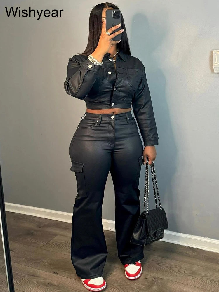 FZ Women's PU Leather Long Sleeve Button Flared 2 Piece Pants Suit