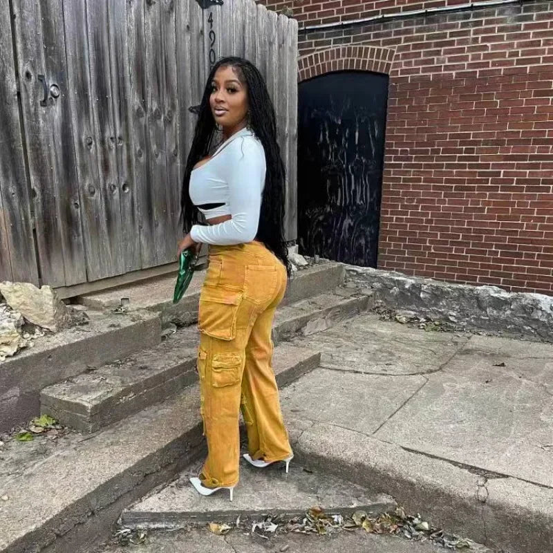 FZ Women's High Waist Loose Straight Denim Cargo Pants - FZwear