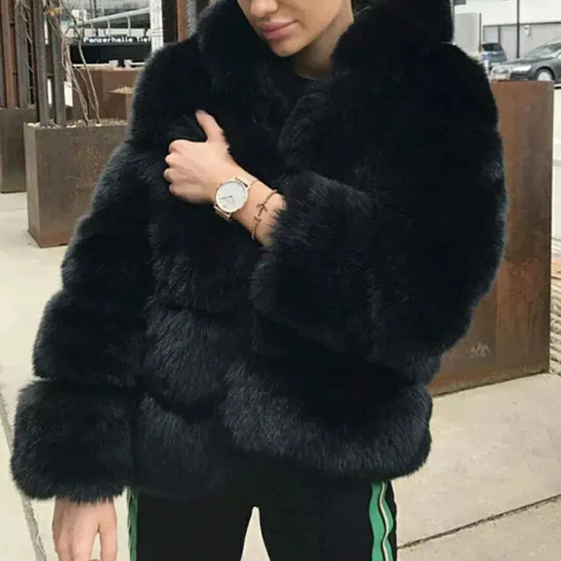 FZ Women's Faux Fur Hooded Zipper Full Sleeve Thick Warm Open Stitch Coat Jacket