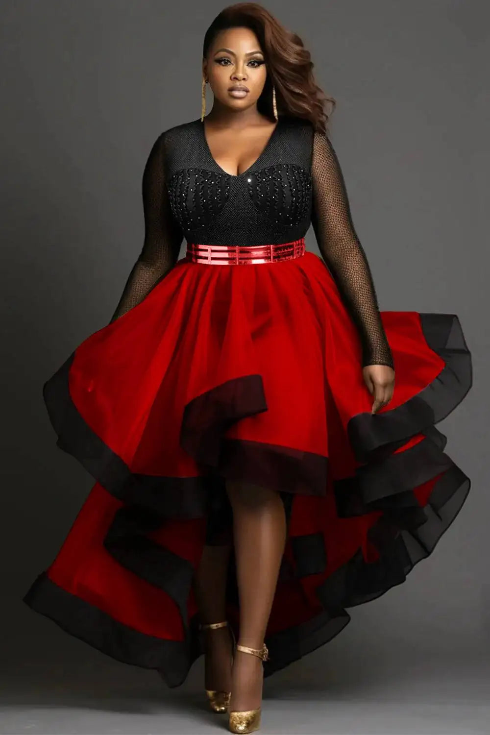 FZ Women's Plus Size V Neck Long Sleeve High Low Hem Tulle Midi Dress