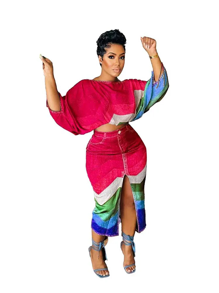 FZ Women's Streetwear Open Split 2 Piece Denim Print Skirt Suit