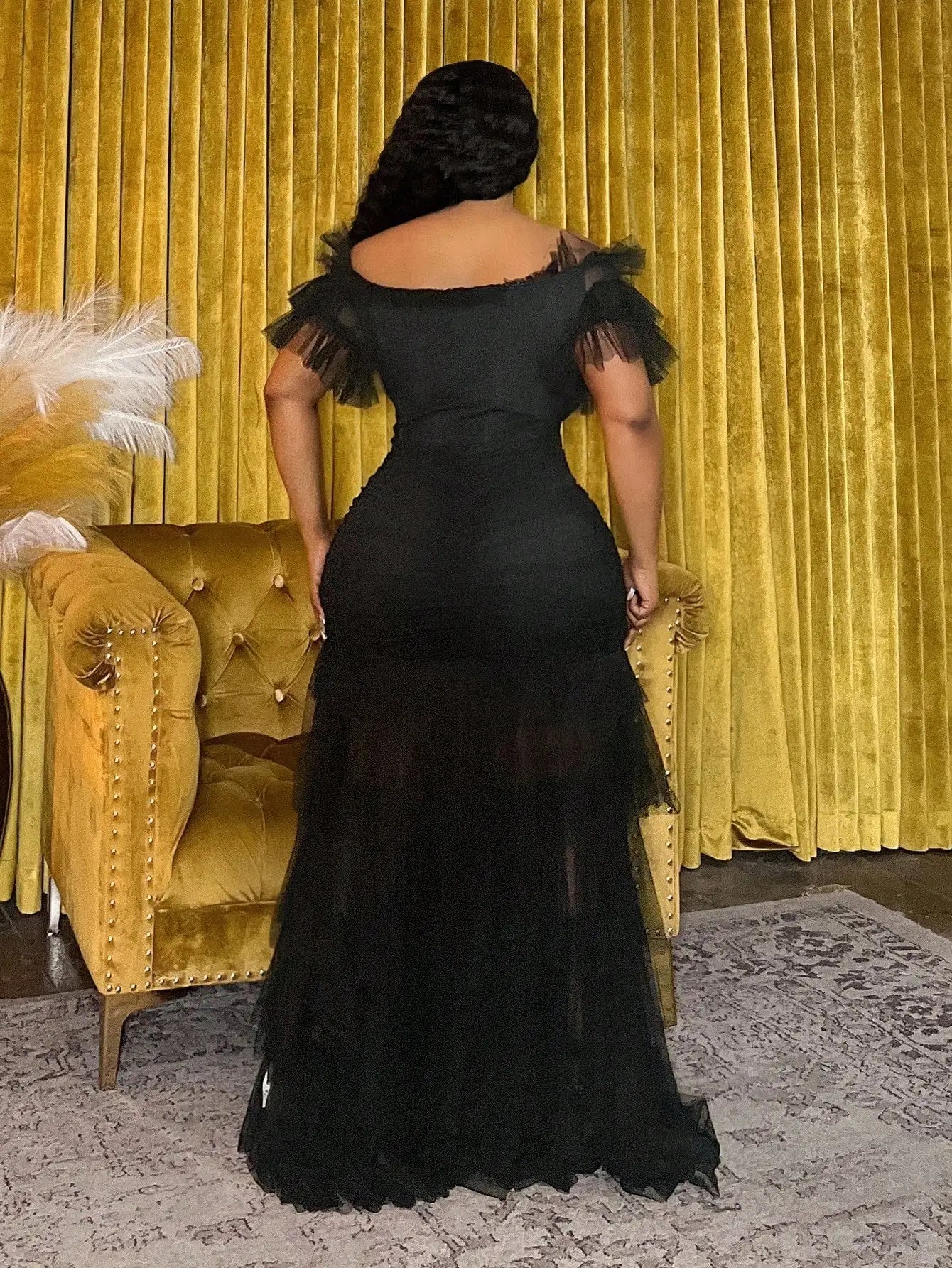 FZ Women's Plus Size Off-Shoulder Ruched with Tiered Tulle Maxi Dress