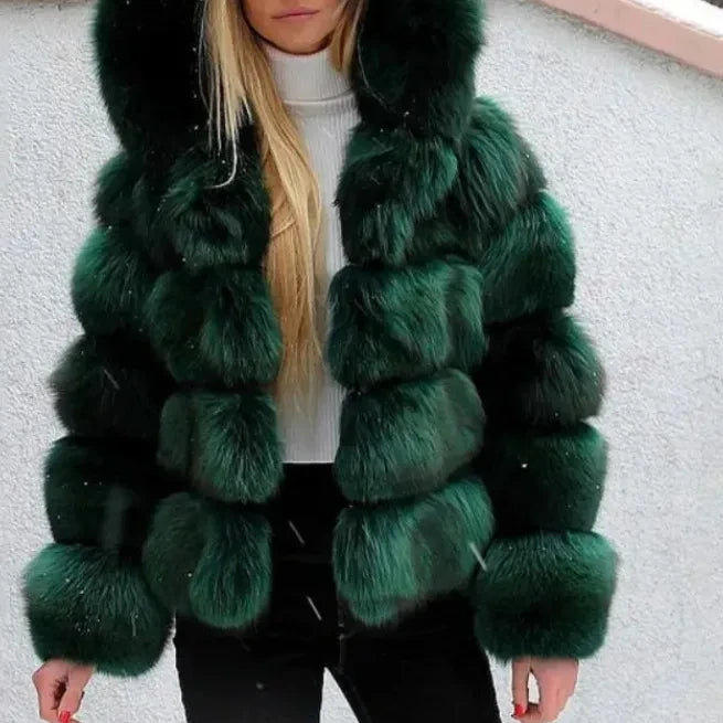 FZ Women's Faux Fur Hooded Zipper Full Sleeve Thick Warm Open Stitch Coat Jacket