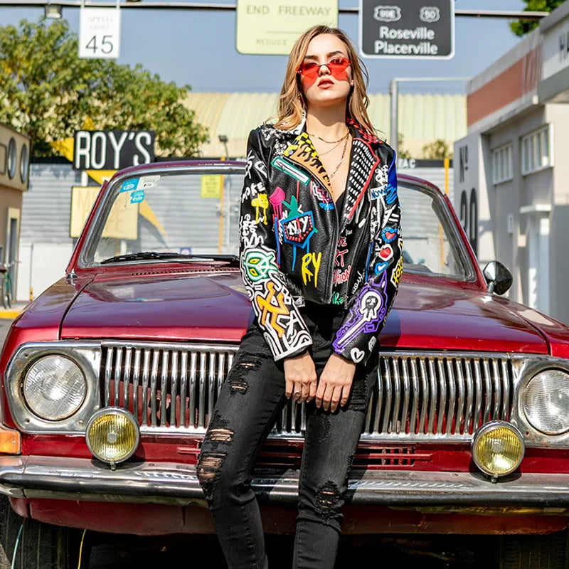 FZ Women's Spring Printed Pu Motorcycle Wear Leather Punk Rock Jacket - FZwear