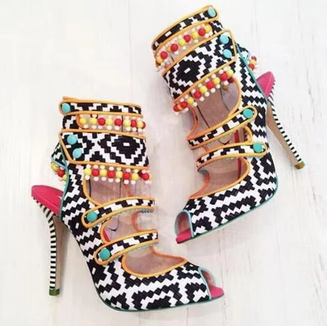 FZ Women's Geometric braided Leather Peep Toe Beading High Heels Shoes