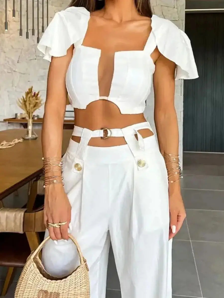 FZ Women V Square Collar Sexy Wide Leg Pants Suit - FZwear