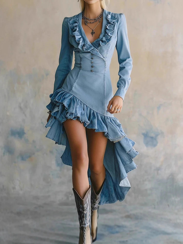 FZ Women's Ruffled Waist Pleat Irregular Solid Slim V-neck Wash Denim Dress