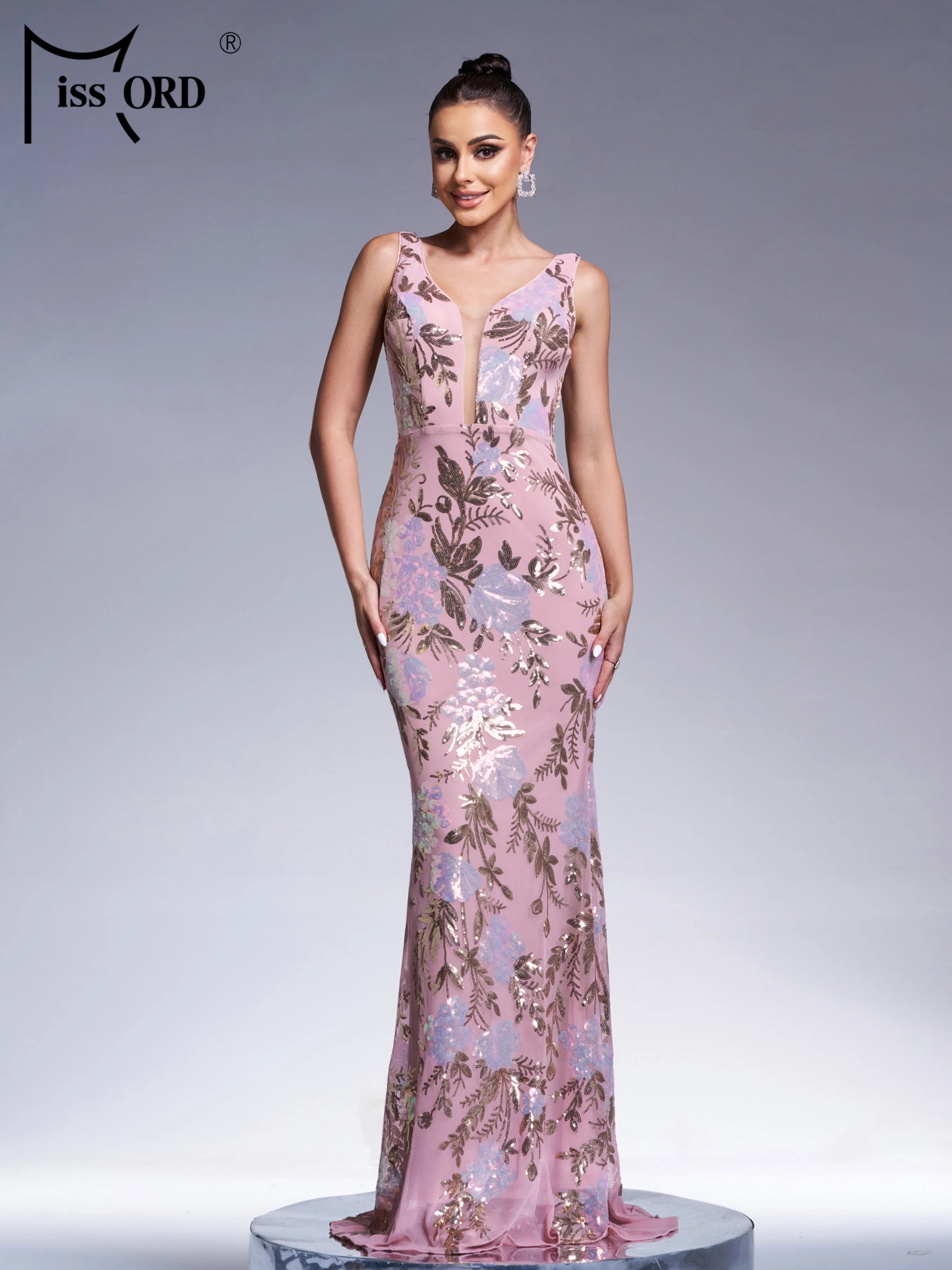 FZ Women's V Neck Sequin Mermaid Cocktail Maxi Evening Dress