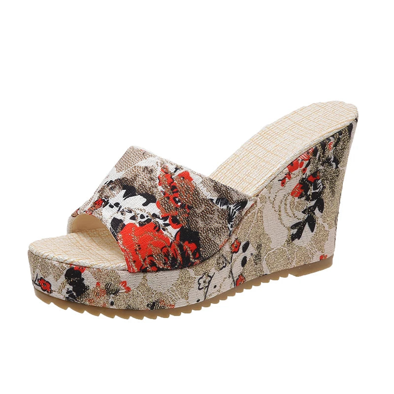 FZ Women's Casual Flip Flops Vintage Floral Print Peep Toe Wedge Shoes