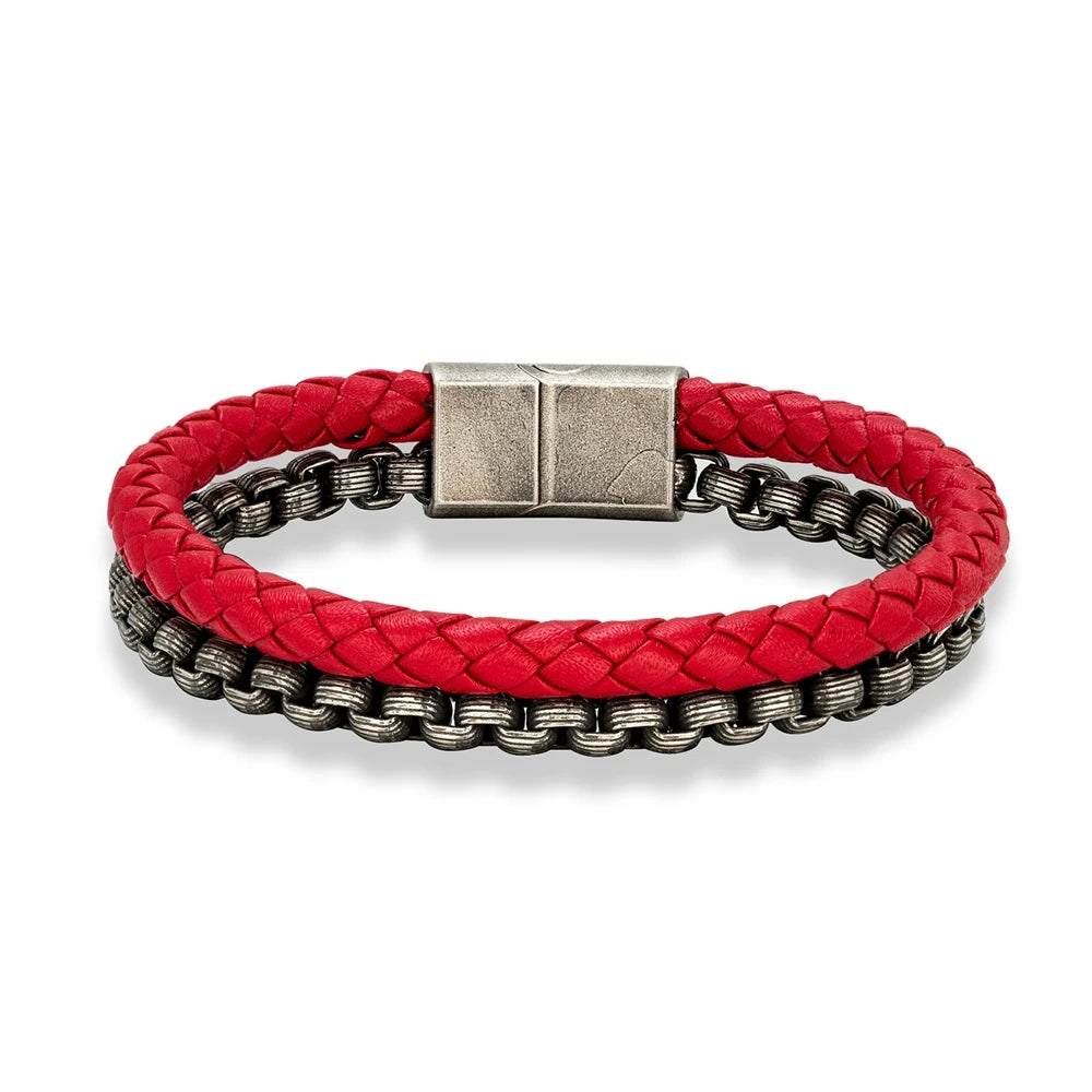 FZ Punk Rock Chain Stainless Steel Magnet Button Leather Bracelet