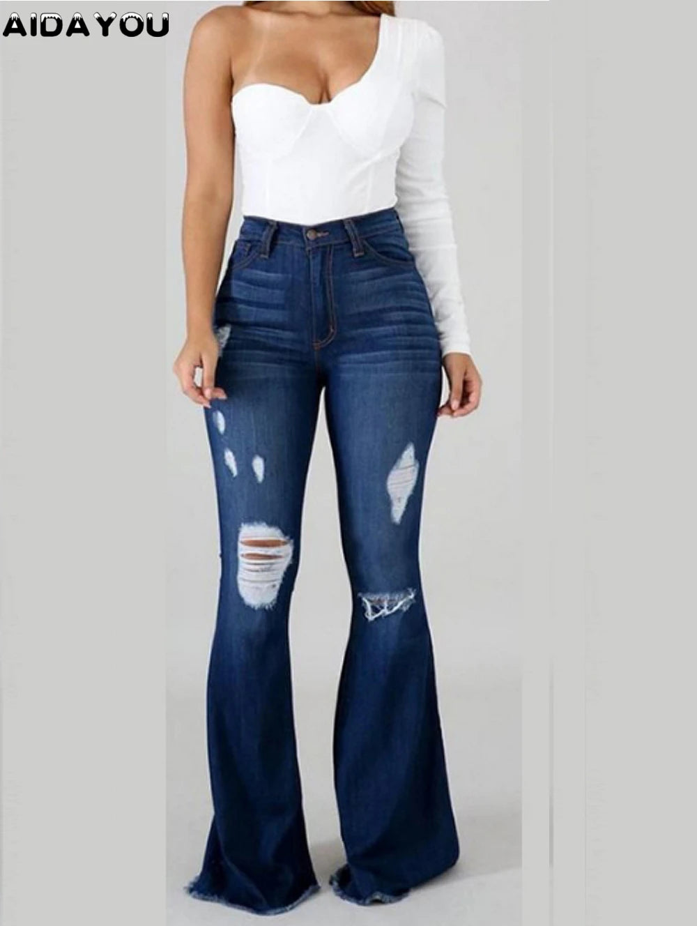 FZ Women's High Waisted Denim Bootcut Flared Ripped Denim Pants