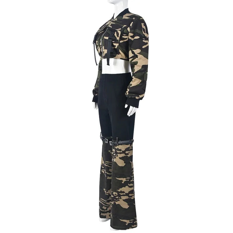 FZ Women's Modified Camouflage Stretch Denim Belt Pants Suit