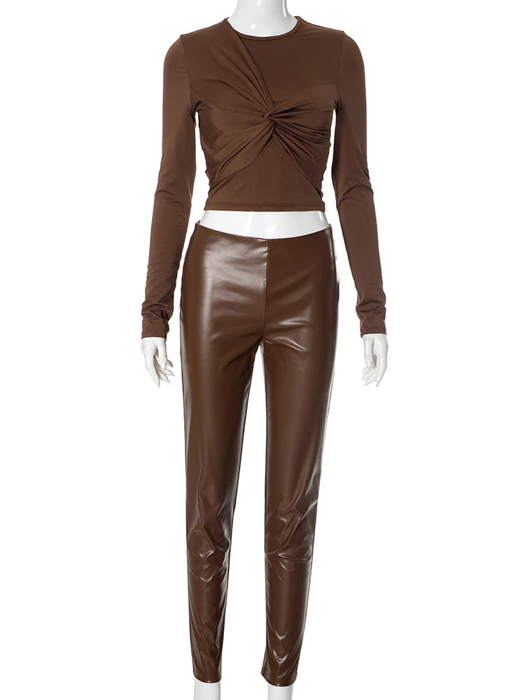 FZ Women's Cross Ruched Faux Leather Stretch Leggings 2 Piece Pants Suit