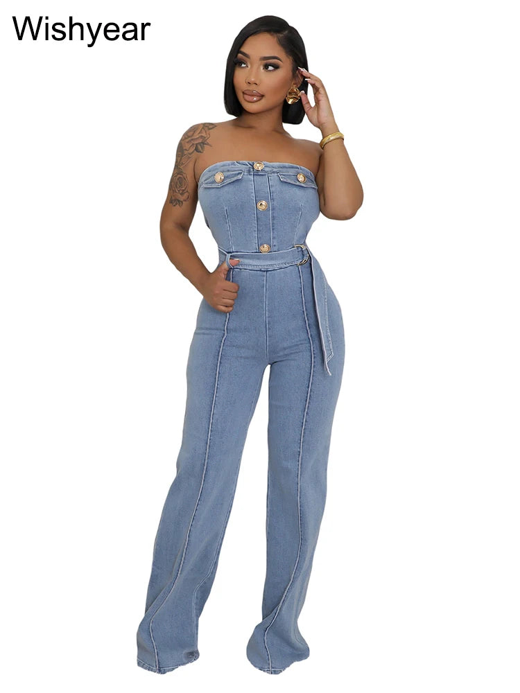 FZ Women's High Waist Hollow Out Wide Leg Off Shoulder Backless Denim Jumpsuit