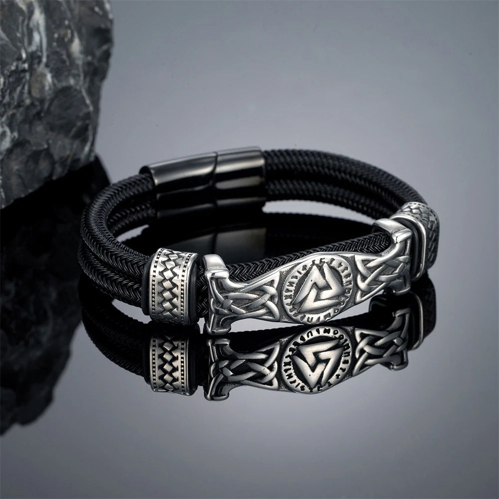FZ Men's Stainless Steel Norse Runes Double-Layer Wire Rope Bracelet