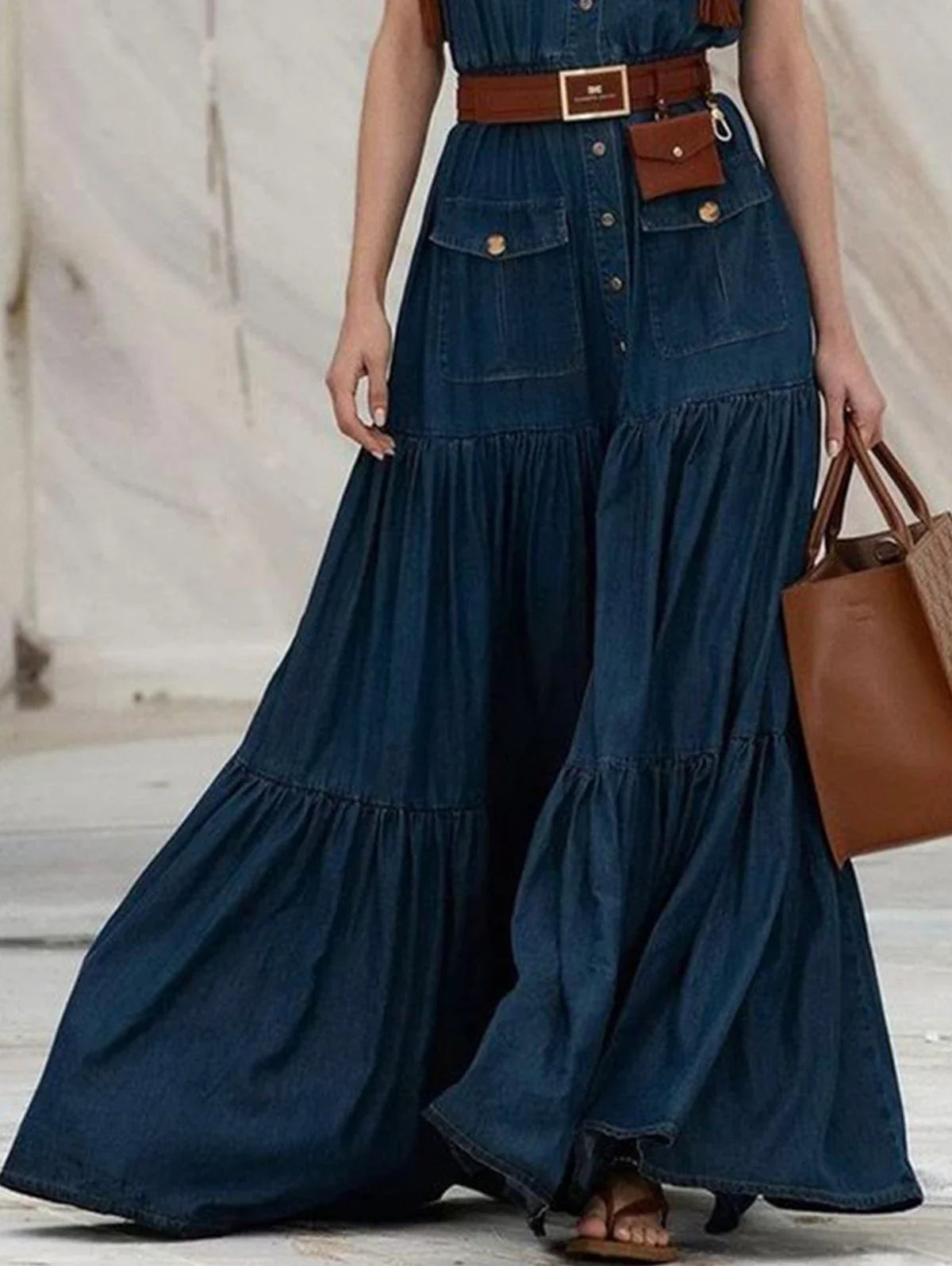 FZ Women's Vintage Pleated A-Line Retro High Street Tank Denim Dress