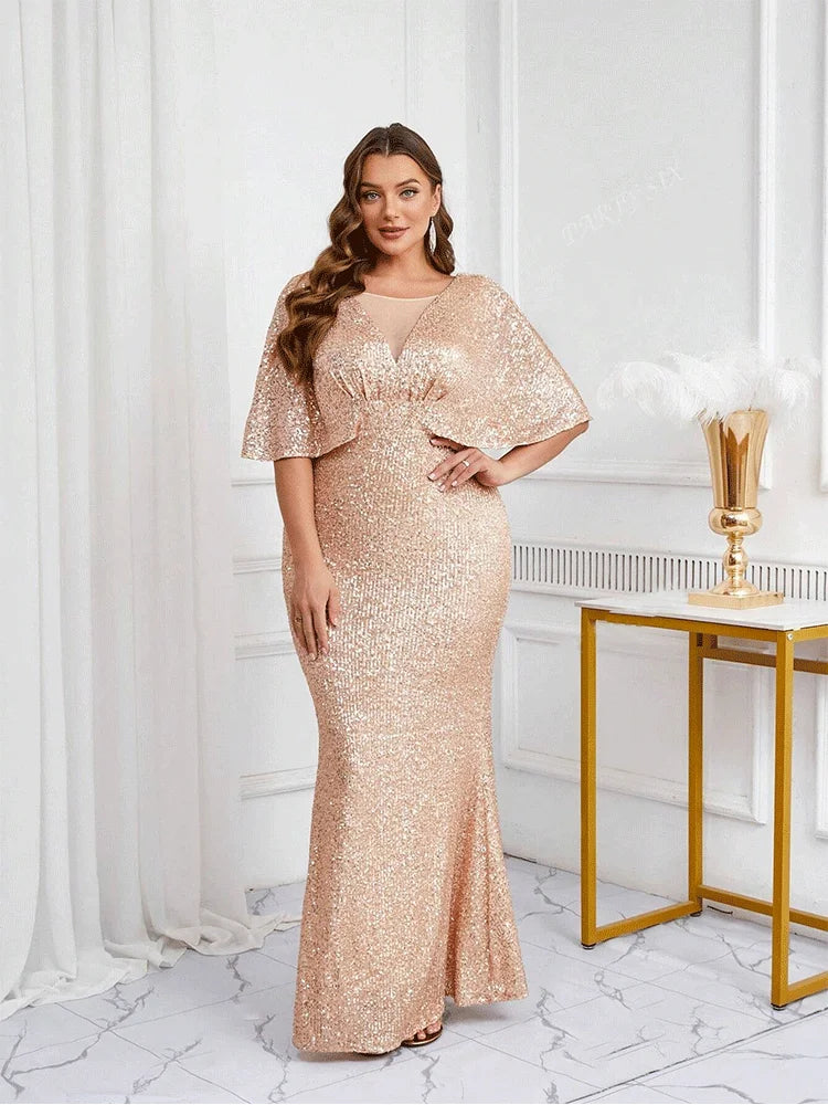 FZ Women's Plus Size V-neck floor-length Half-Sleeve Evening Dress