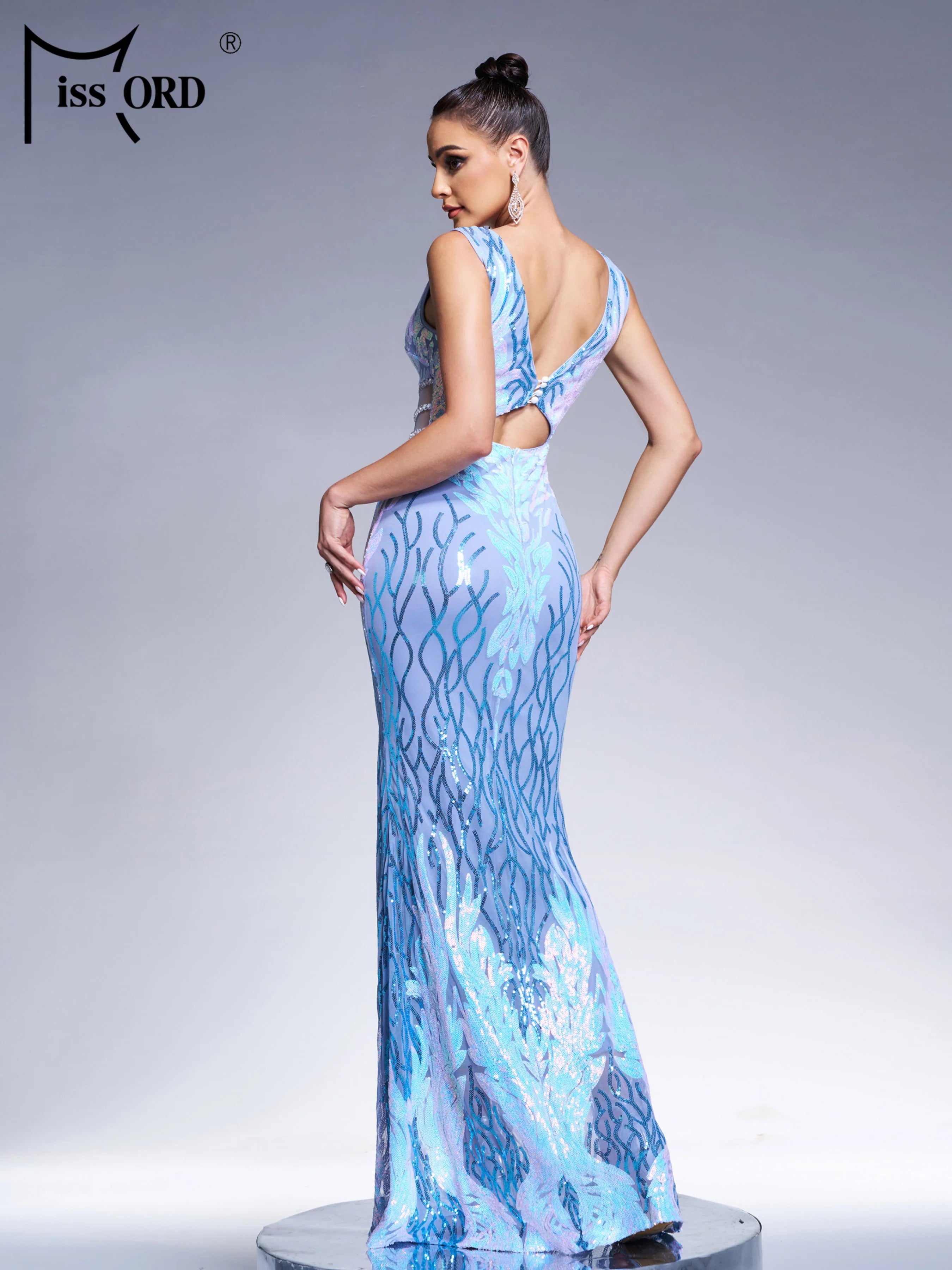 FZ Women's V Neck Cutout Sequin Mermaid Cocktail Maxi Evening Dress