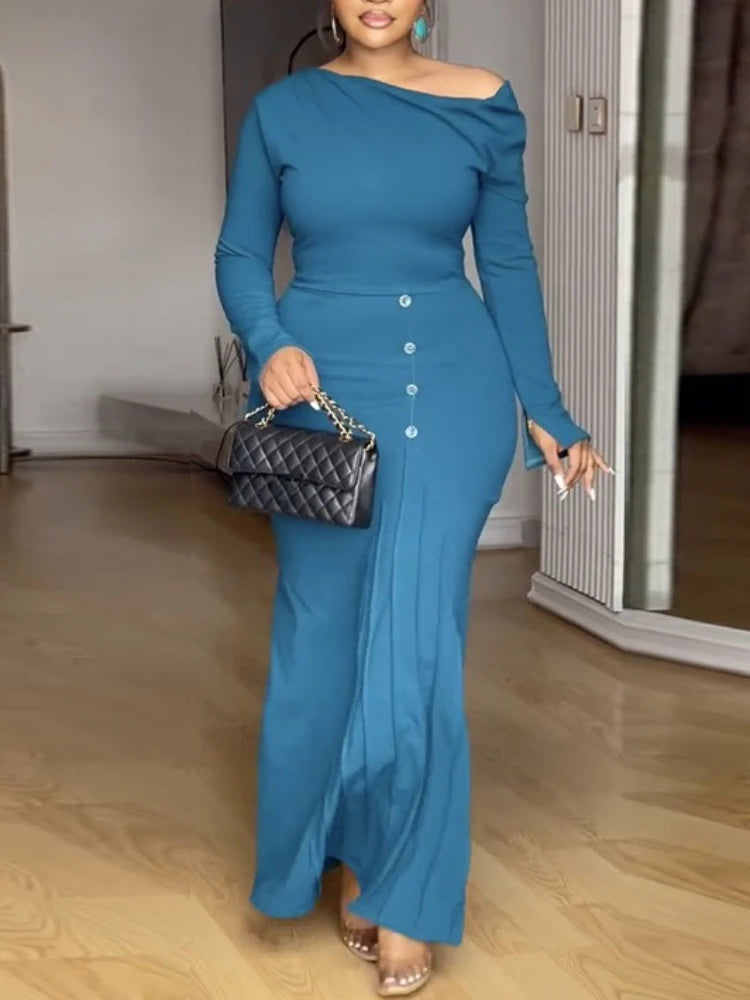 FZ Women's One Shoulder Long Sleeve Front Button Detail Maxi Evening Dress