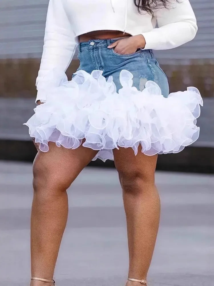 FZ Women's Ruffle Edge Cake Skirt Mini High-Waisted Denim Skirt
