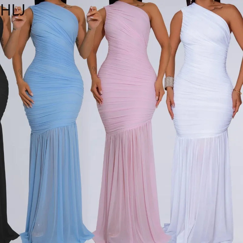 FZ Women's Ruched Patchwork Inclined Shoulder Backless See Through Evening Dress