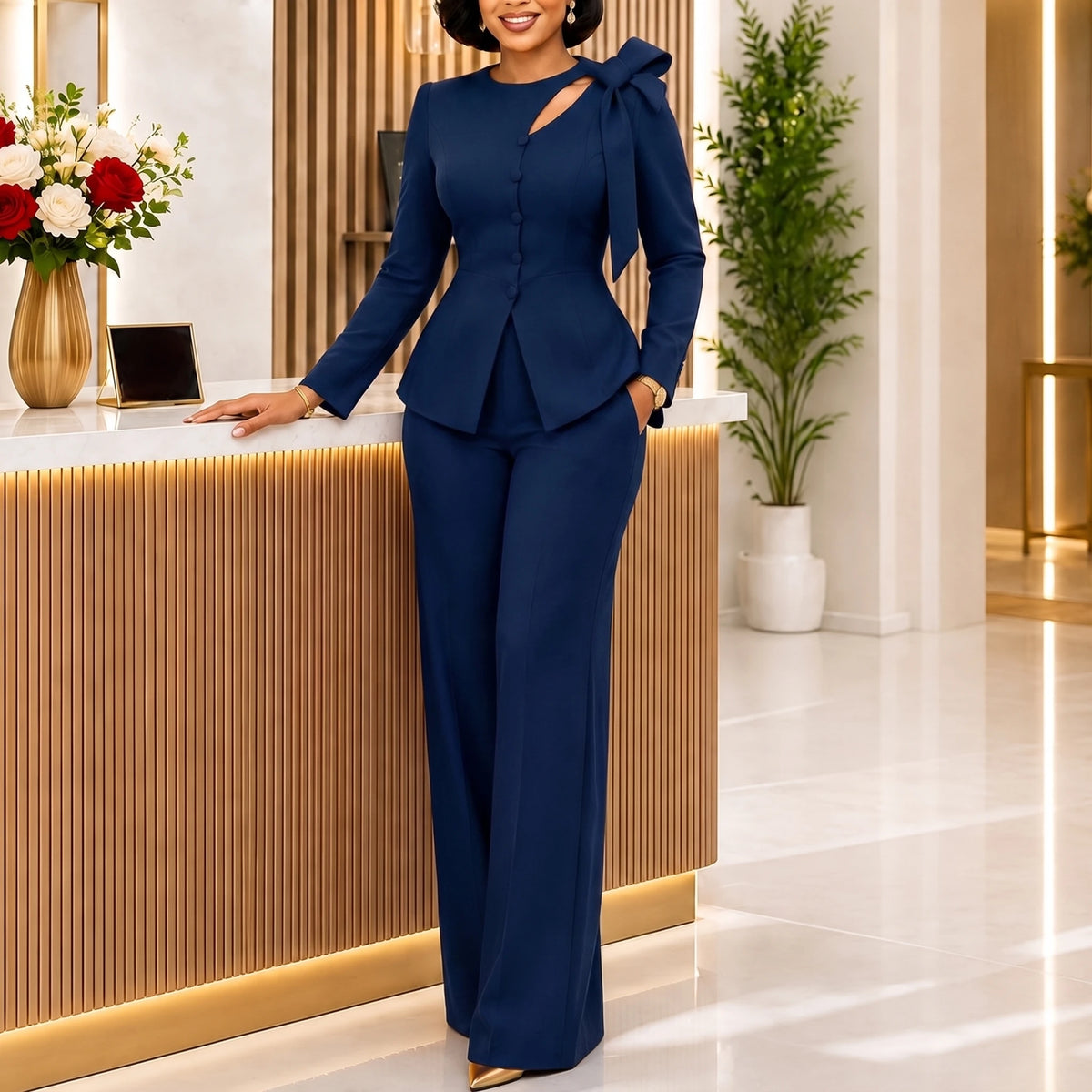FZ Women's Two Piece O Neck Bow Peplum Top Wide Leg Pants Suit